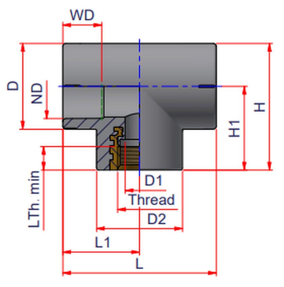 NIRON Grey FNPT x FNPT X FNPT or Socket Fusion Plastic and Brass Reducing Tee 