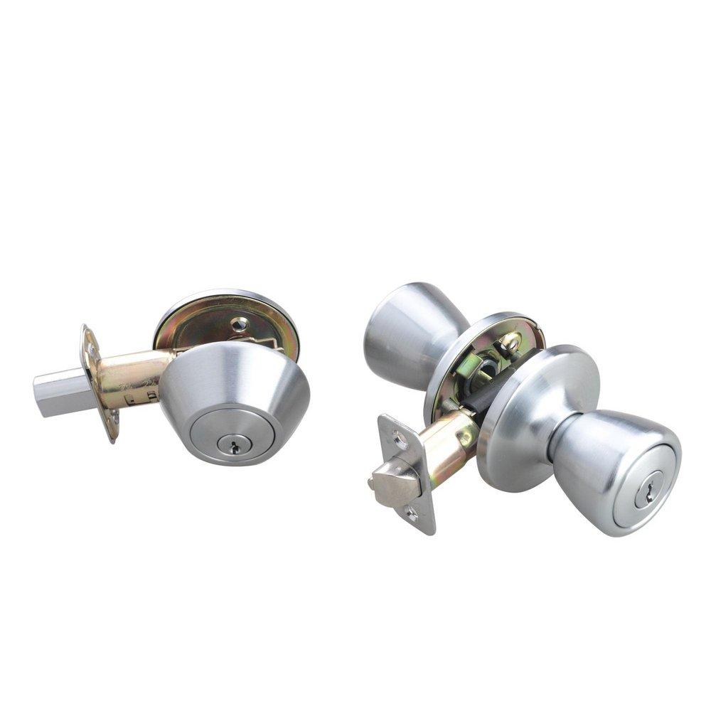 Satin Chrome Tulip Knob Entrance & Deadbolt Lock 