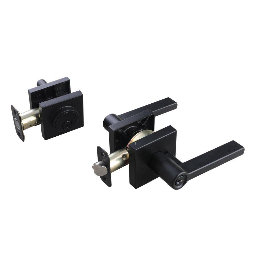Matte Black Premier Flat Bar Lever Entrance Door Lock & Deadbolt 