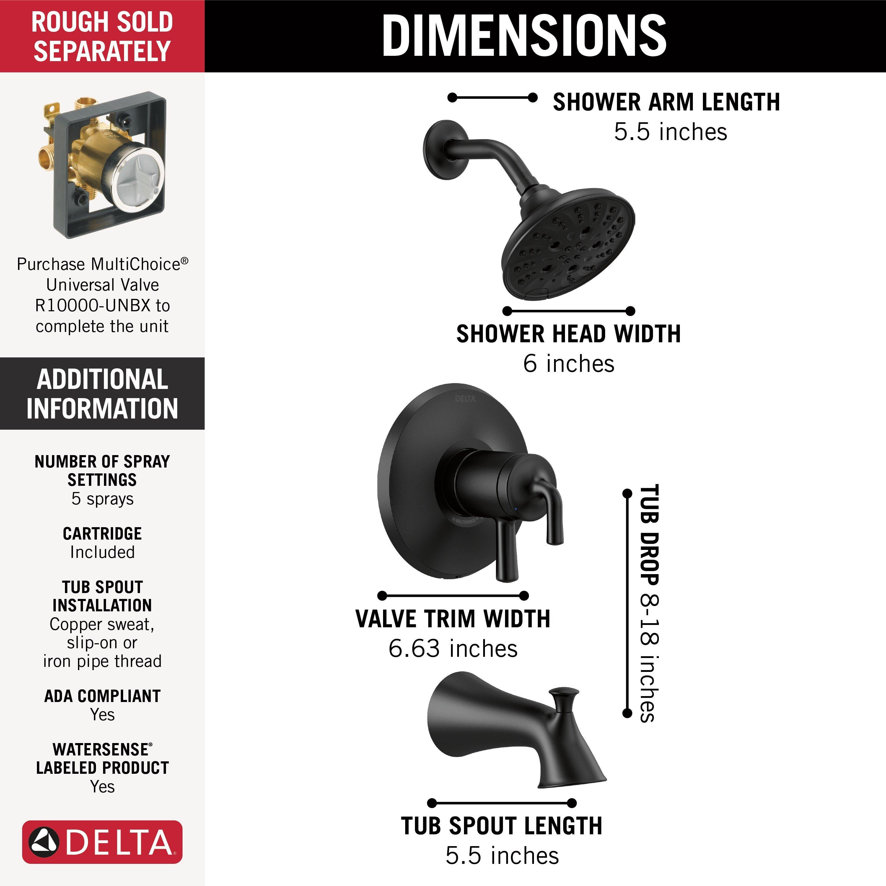 Delta Faucet Matte Black Two Handle Multi Function Bathtub & Shower Faucet (Trim Only) 