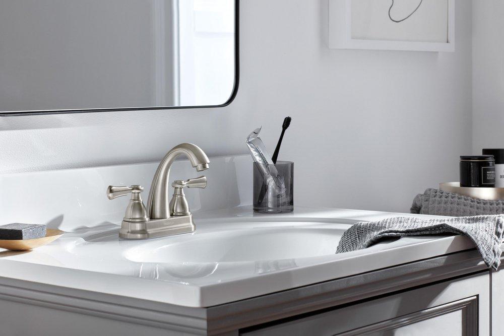 Peerless&reg; Brushed Nickel Two Handle Centerset Bathroom Sink Faucet 