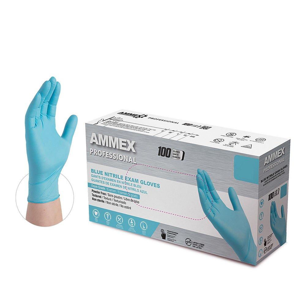 Ammex USA Blue Nitrile Disposable Exam Gloves in Blue (Box of 100) 