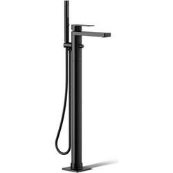 Single Handle Floor Mount Tub Filler with Hand Shower in Matte Black