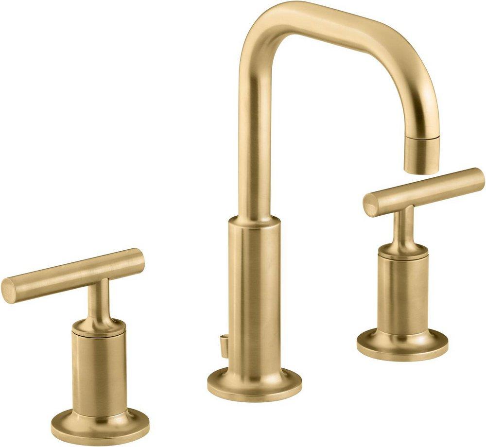 KOHLER Vibrant® Brushed Moderne Brass Two Handle Widespread Bathroom Sink Faucet with Metal Pop-Up Drain Assembly 