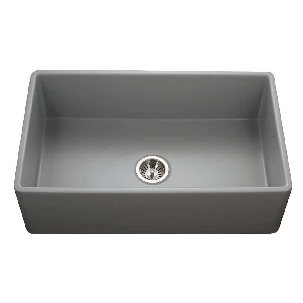 Houzer Grey 33 x 20 in. No Hole Fireclay 1 Bowl Farmhouse Kitchen Sink 