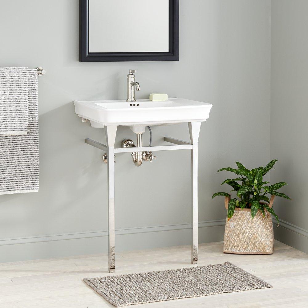 26-3/4 x 21-3/8 in. Rectangular Console Bathroom Sink in White with Stainless Steel Legs 