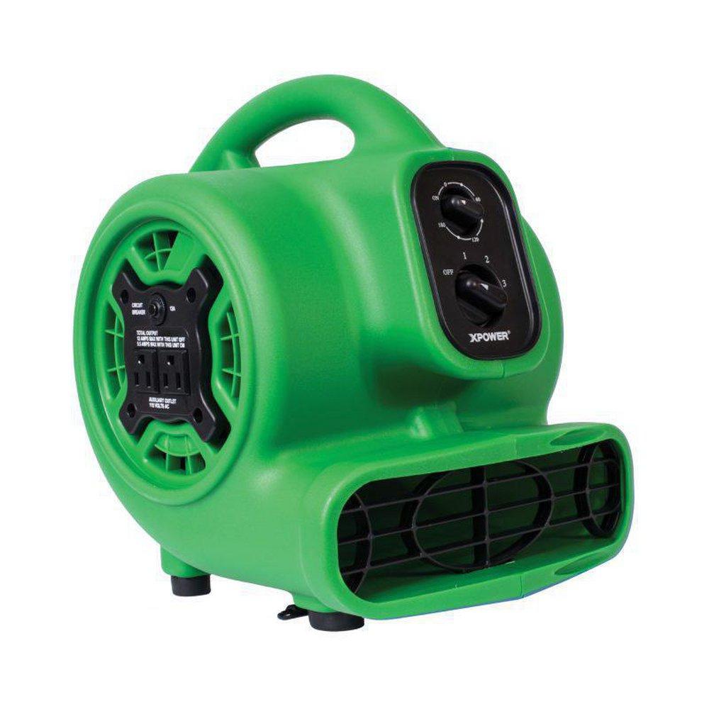 1/5 HP 800 CFM 2.3 Amps 3-Speed Mini Mighty Centrifugal Air Mover with Built-in Power Outlets for Daisy Chain & 3-Hour Timer in Green 