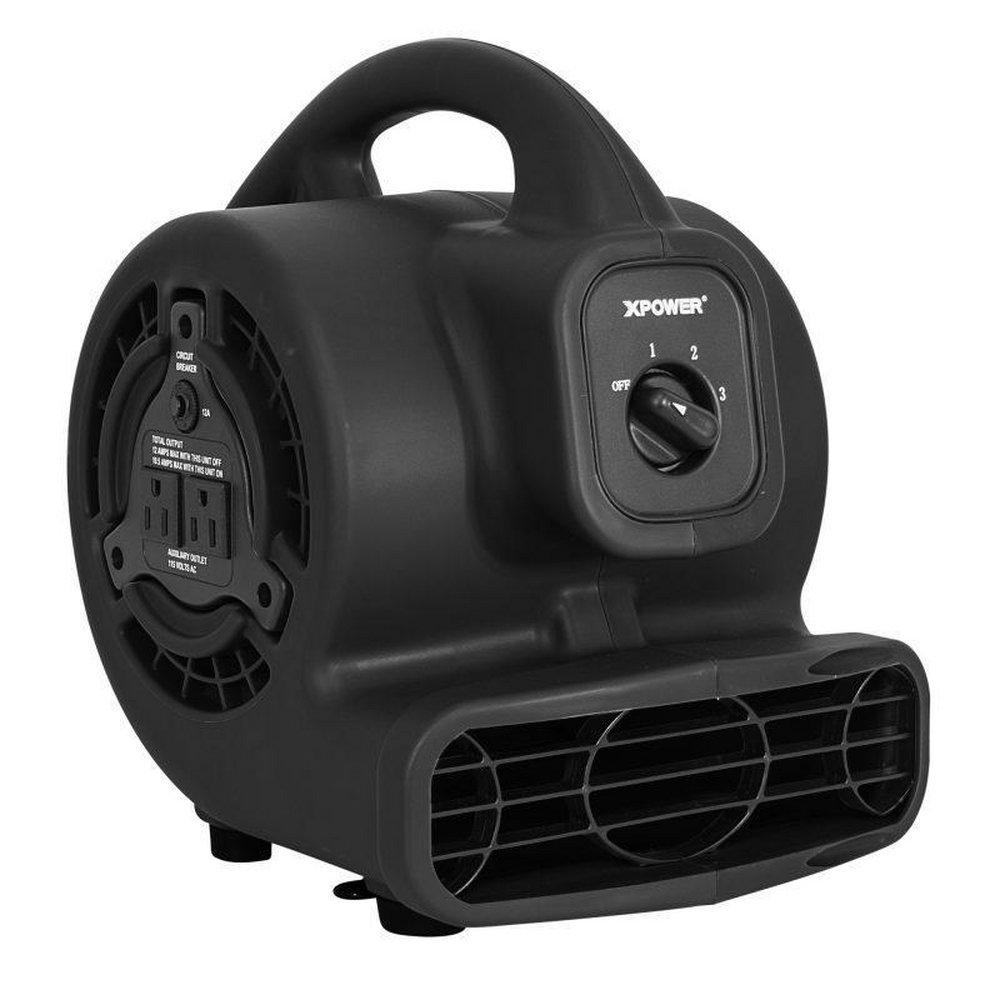 138 Watt 600 CFM 1.2 Amps 3-Speed Mini Mighty Centrifugal Air Mover with Built-in Power Outlets for Daisy Chain in Black 