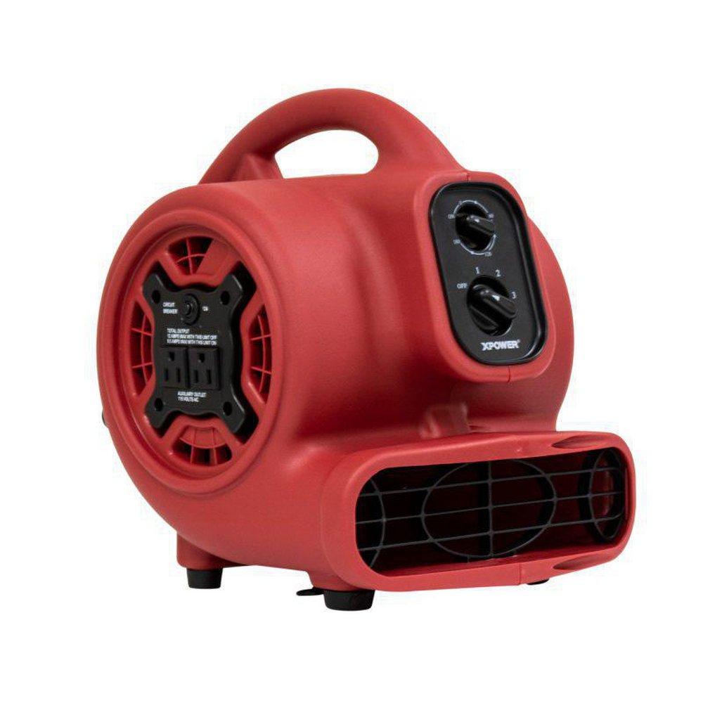 1/5 HP 800 CFM 2.3 Amps 3-Speed Mini Mighty Centrifugal Air Mover with Built-in Power Outlets for Daisy Chain & 3-Hour Timer in Red 