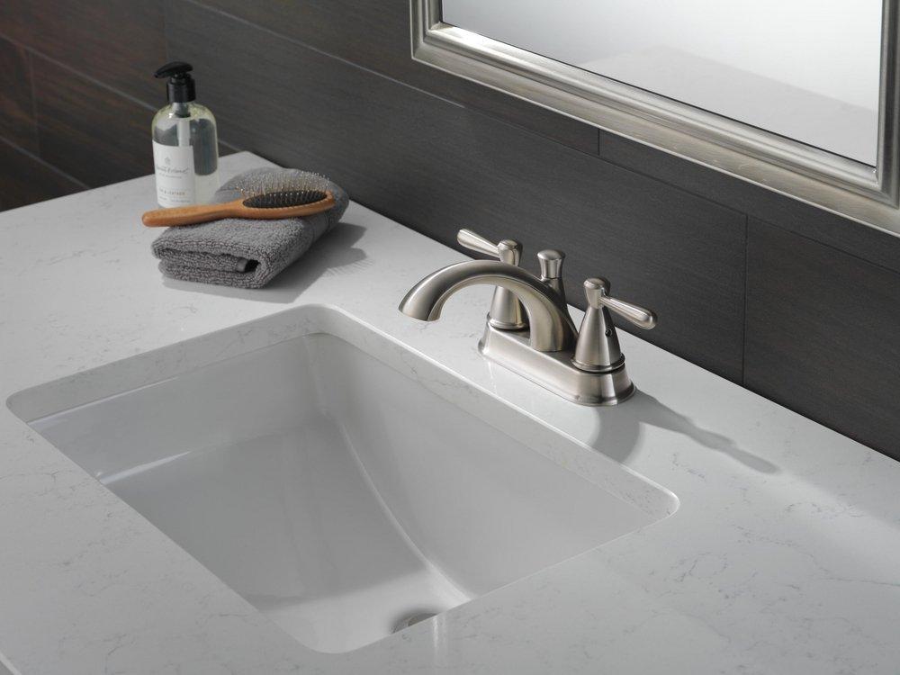 Peerless&reg; Brushed Nickel Two Handle Centerset Bathroom Sink Faucet 