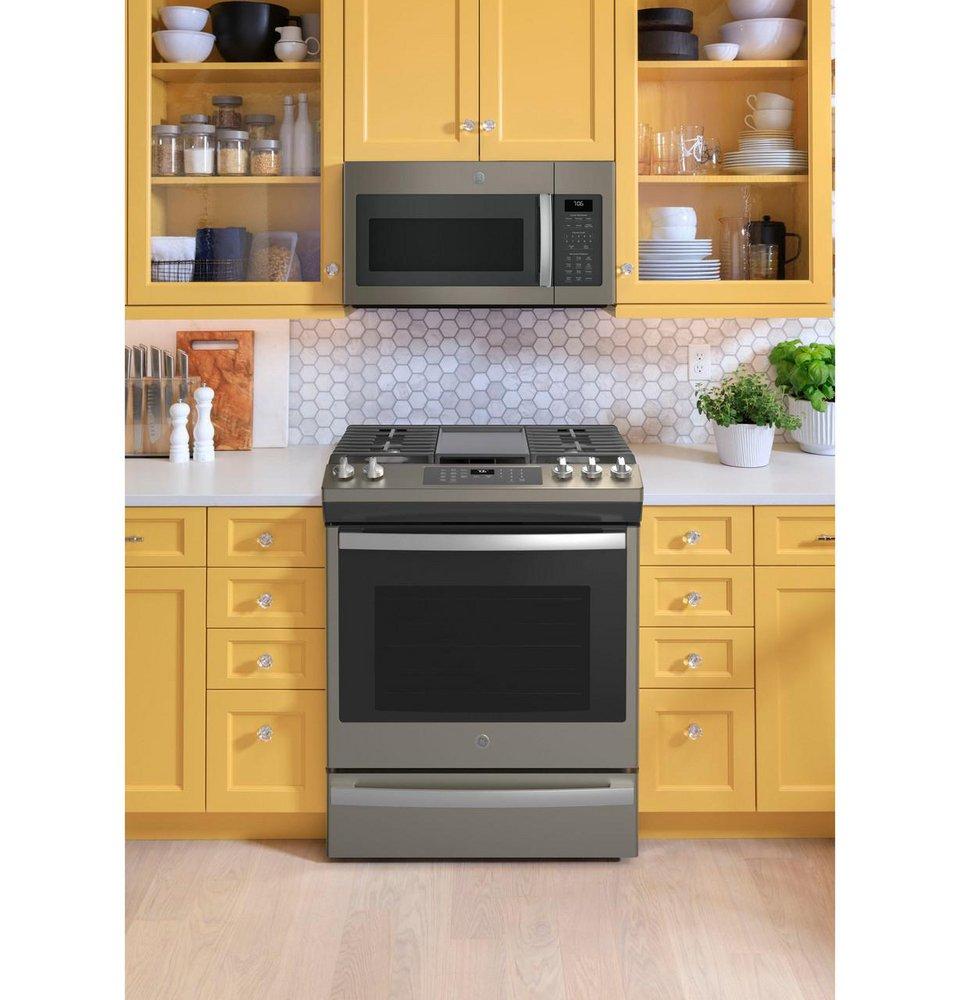 GE&reg; Fingerprint Resistant Slate 36-1/4 x 30 in. 5.6 cu. ft. 57500 BTU 5-Burner Electric Sealed Slide-In Range 