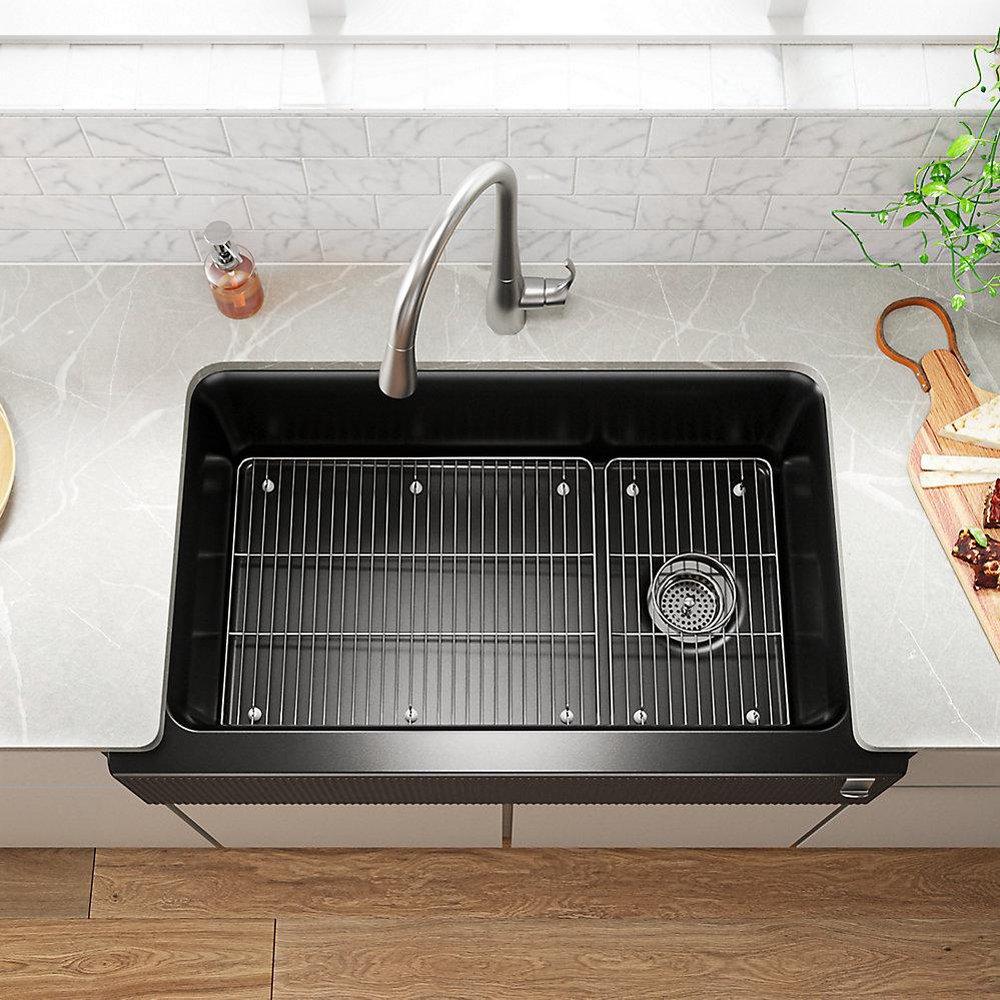 KOHLER Matte Graphite 34 x 21-3/16 in. No-Hole Composite Single Bowl Farmhouse and Undermount Kitchen Sink 