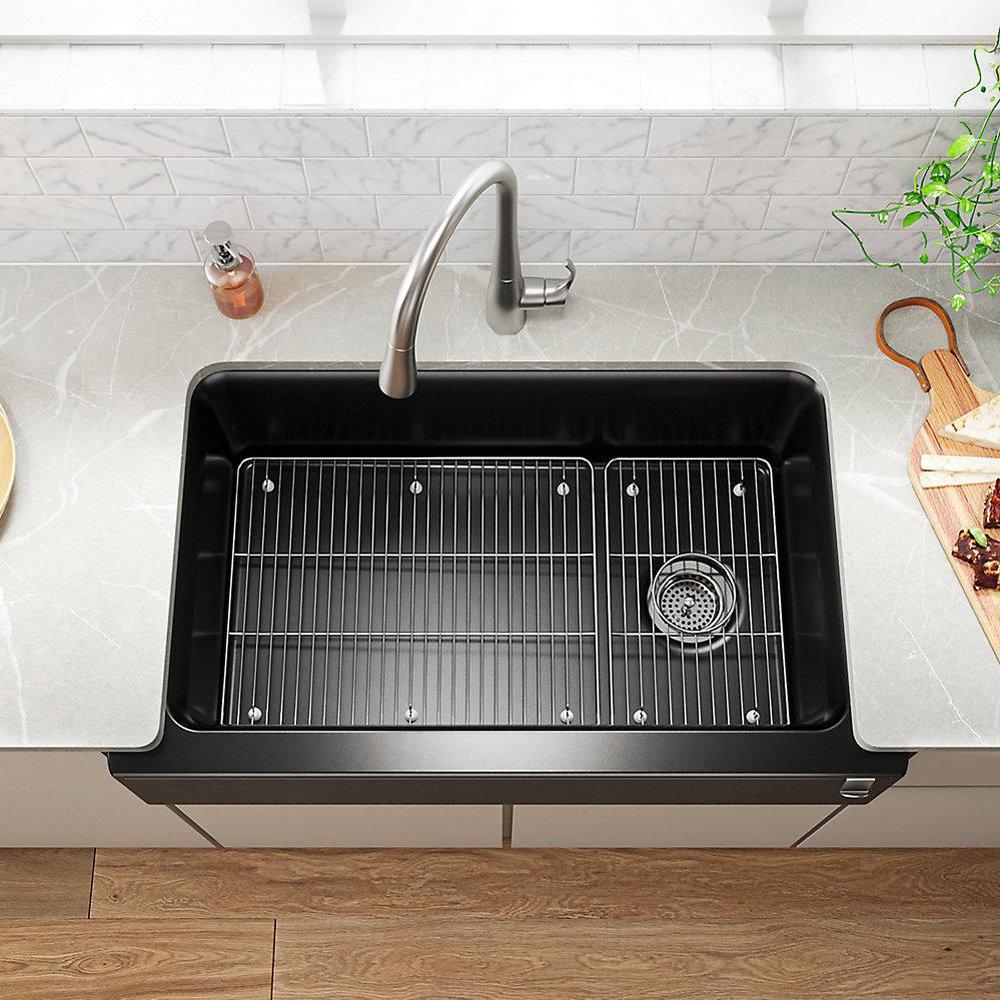 KOHLER Matte Taupe 34 x 21-3/16 in. No-Hole Composite Single Bowl Farmhouse and Undermount Kitchen Sink 