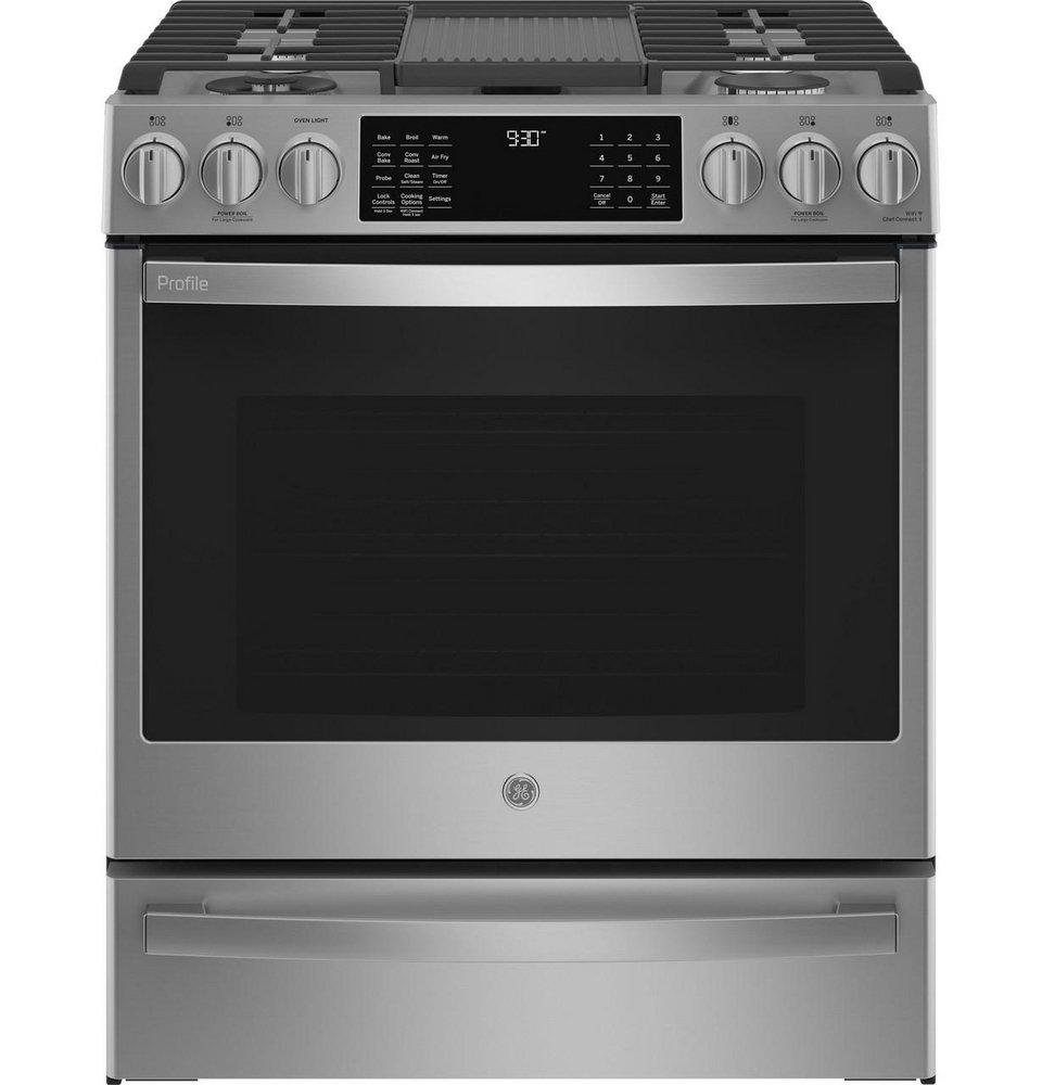 GE Profile™ Fingerprint Resistant Stainless Steel 36-1/2 x 30 in. 5.6 cu. ft. 50500 BTU 5-Burner Gas Sealed Slide-In Range 