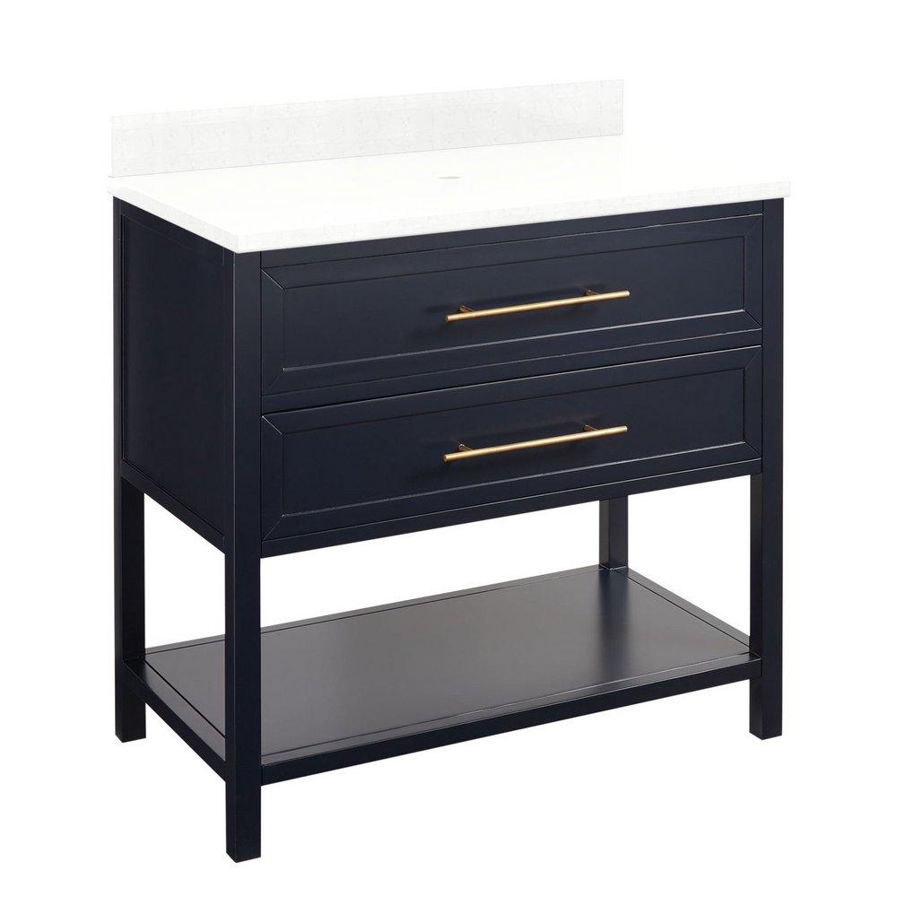 Signature Hardware Midnight Navy Blue 36 in. Floor Mount Vanity in Midnight Navy Blue with Feathered White 