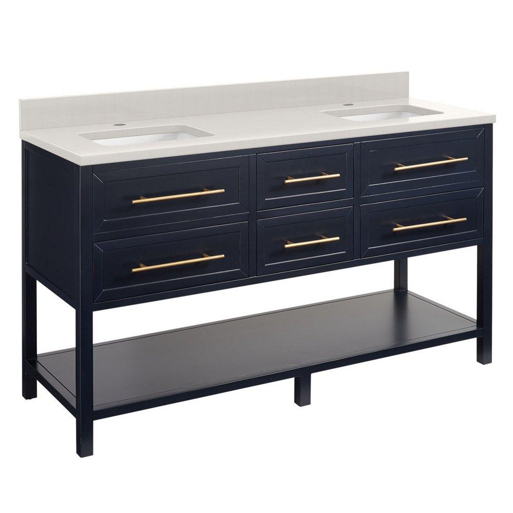 Signature Hardware Midnight Navy Blue 60 in. Floor Mount Vanity in Midnight Navy Blue, Riverside Grey with White 