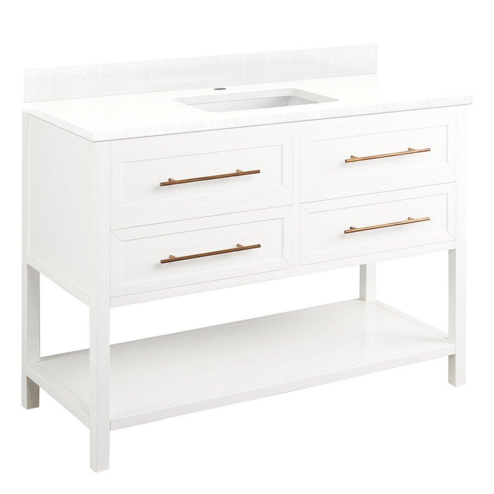 Signature Hardware Bright White 48 in. Floor Mount Vanity in White with Feathered White 
