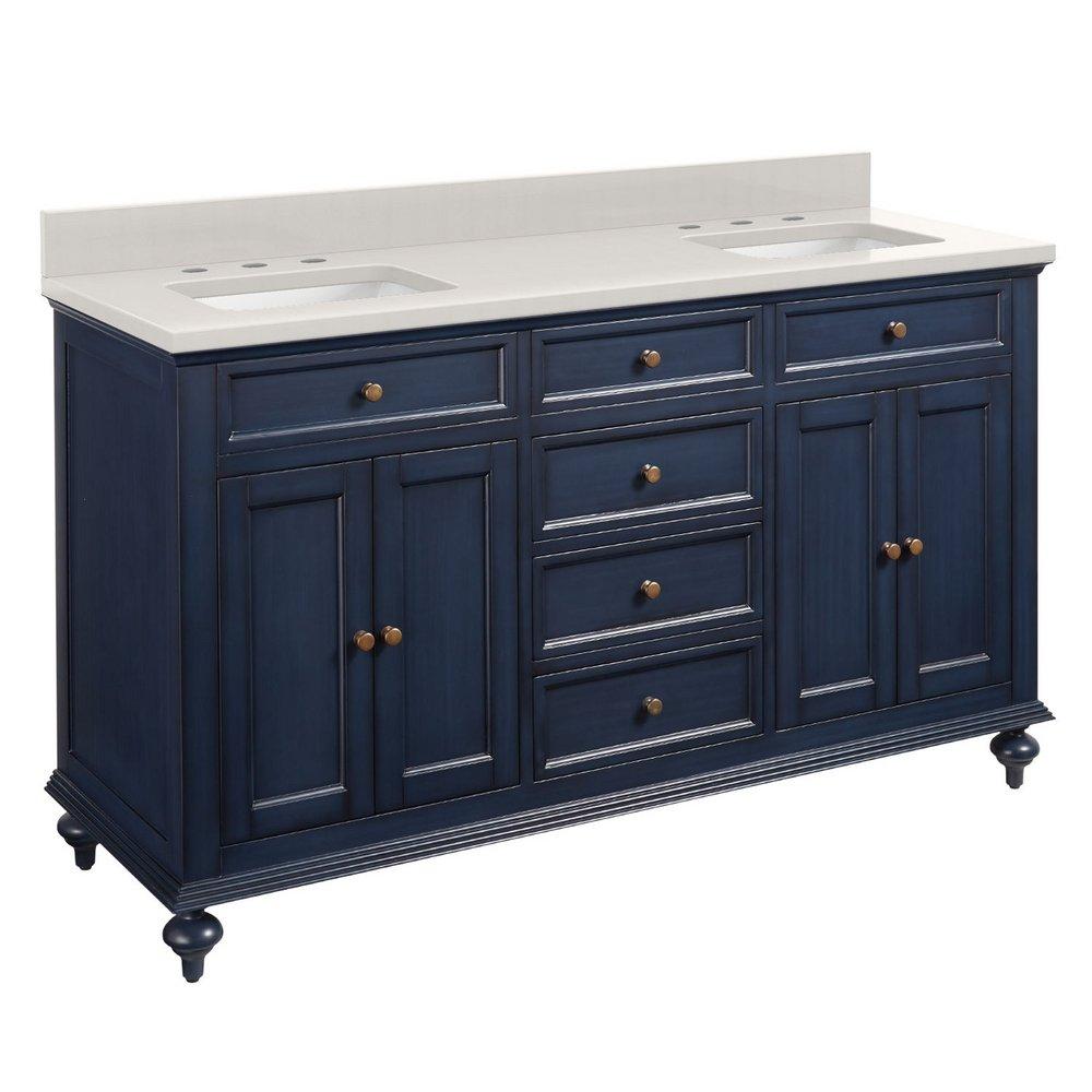 Signature Hardware Vintage Navy Blue 60 in. Floor Mount Vanity in Vintage Navy Blue, Riverside Grey with Antique Brass 