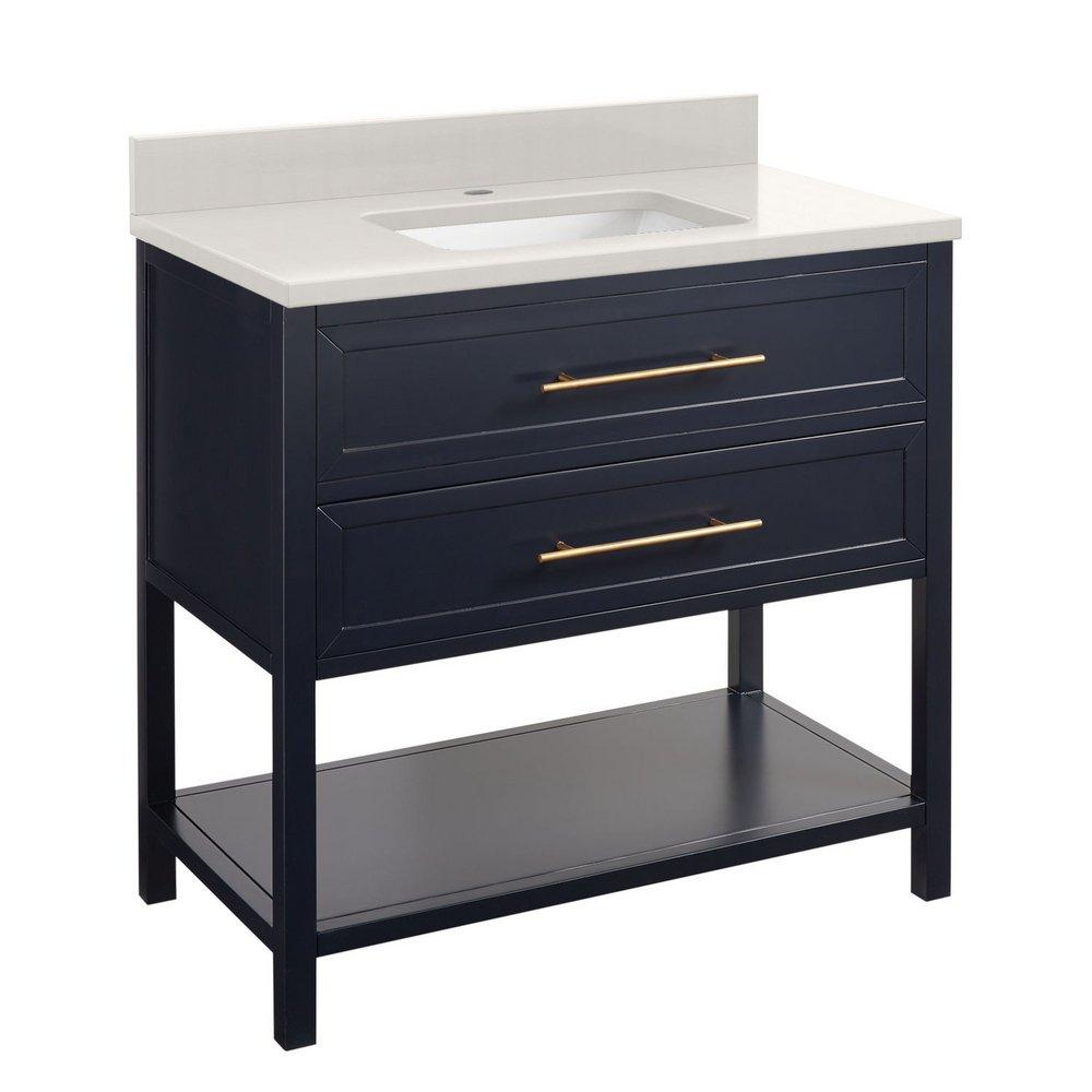 Signature Hardware Midnight Navy Blue 36 in. Floor Mount Vanity in Midnight Navy Blue, Riverside Grey with White 