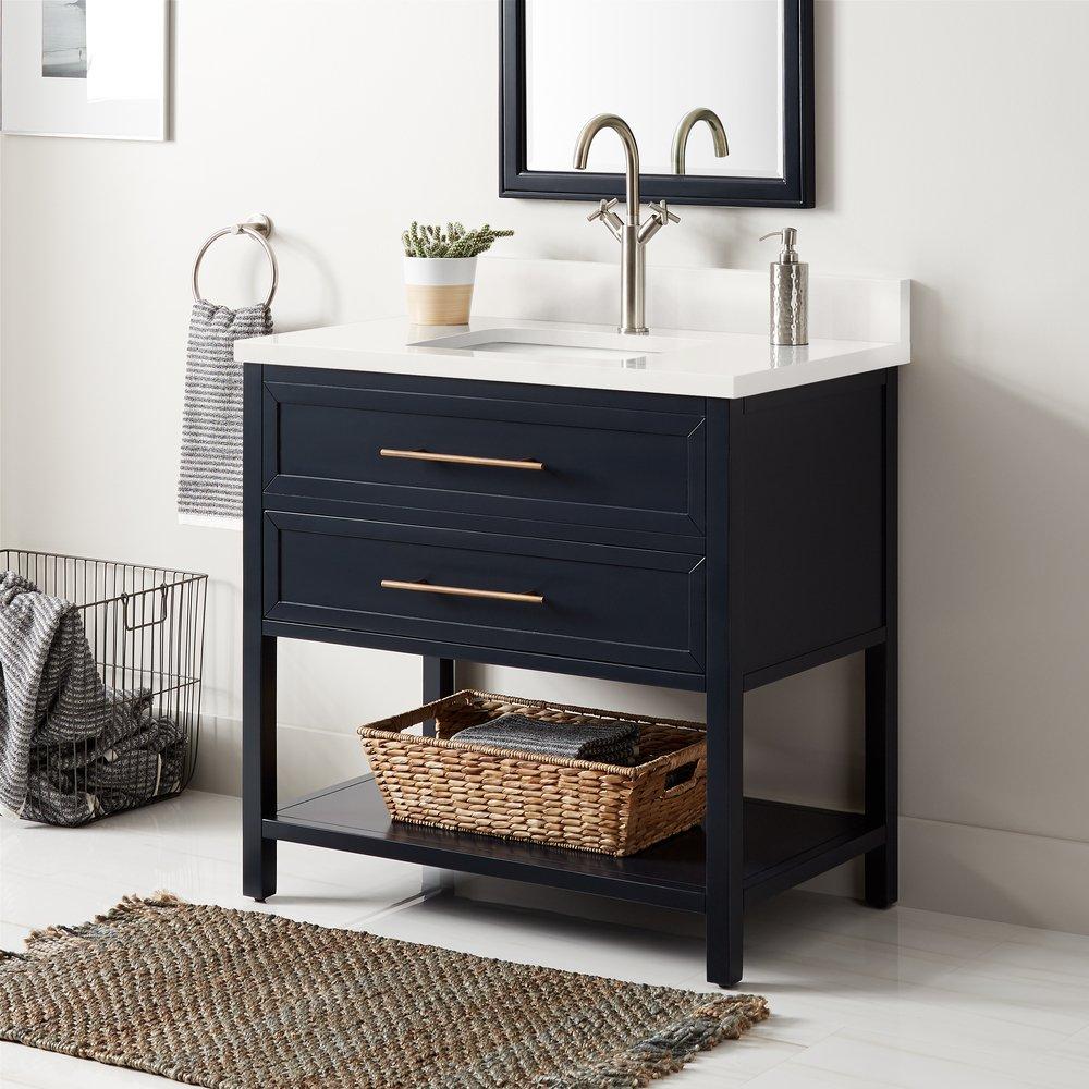 Signature Hardware Midnight Navy Blue 36 in. Floor Mount Vanity in Midnight Navy Blue with Arctic White 