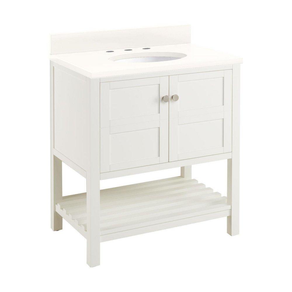 Signature Hardware Soft White 30 in. Floor Mount Vanity in White, Antique Copper with Riverside Grey 