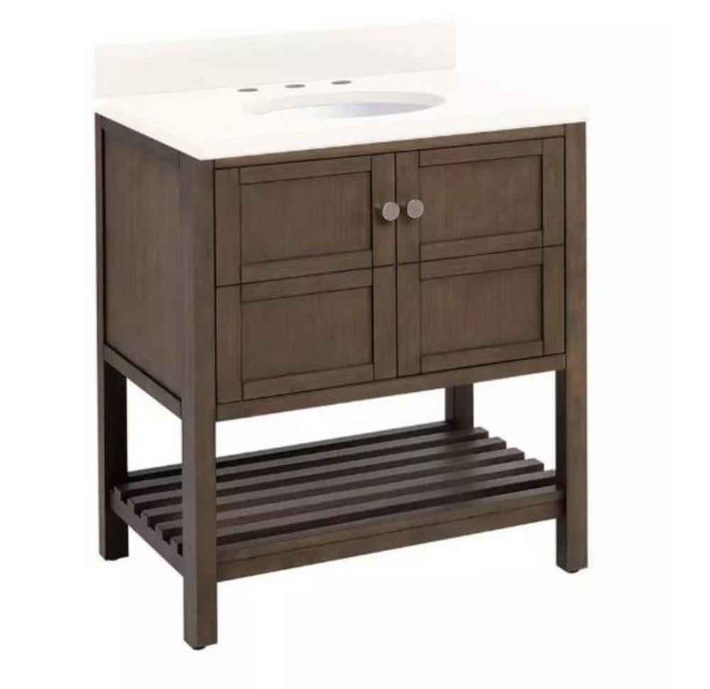 Signature Hardware Ash Brown 30 in. Floor Mount Vanity in Ash Brown, Brushed Nickel, Arctic White with White 