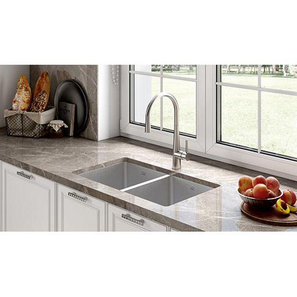FHP Kindred Satin 30-1/2 x 18-1/8 in. No-Hole Stainless Steel Double Bowl Undermount Kitchen Sink 