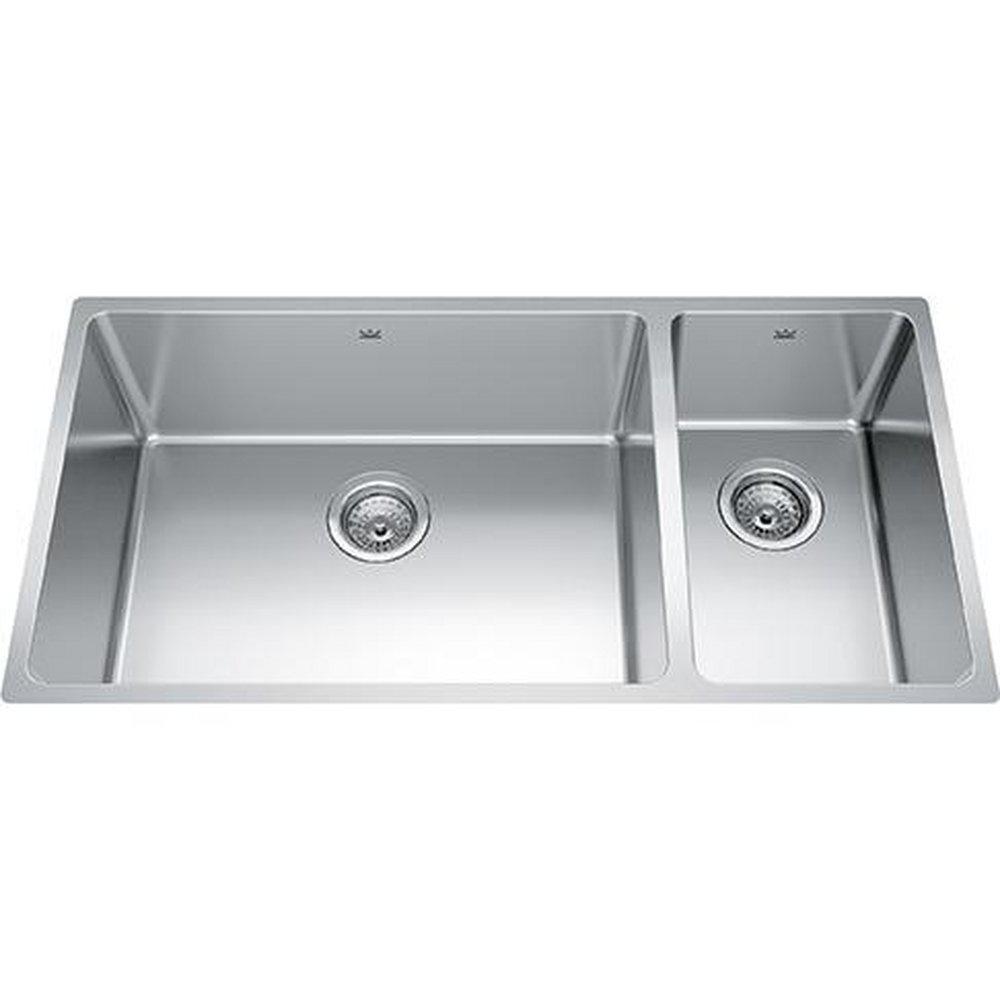FHP Kindred Satin 35-9/16 x 18-1/8 in. No-Hole Stainless Steel Double Bowl Undermount Kitchen Sink 