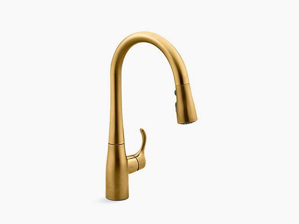KOHLER Vibrant&reg; Brushed Moderne Brass Single Handle Pull Down Kitchen Faucet with Three-Function Spray, Magnetic Docking and Sweep Spray Technology 