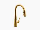 KOHLER Vibrant&reg; Brushed Moderne Brass Single Handle Pull Down Kitchen Faucet with Three-Function Spray, Magnetic Docking and Sweep Spray Technology 
