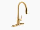 KOHLER Vibrant&reg; Brushed Moderne Brass Single Handle Pull Down Kitchen Faucet with Three-Function Spray, Magnetic Docking and Sweep Spray Technology 