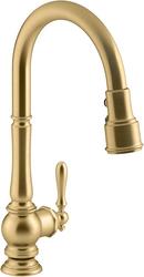 KOHLER Vibrant&reg; Brushed Moderne Brass Single Handle Pull Down Kitchen Faucet with Three-Function Spray, Magnetic Docking and Sweep Spray Technology 
