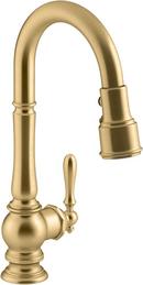 KOHLER Vibrant&reg; Brushed Moderne Brass Single Handle Pull Down Kitchen Faucet with Three-Function Spray, Magnetic Docking and Sweep Spray Technology 