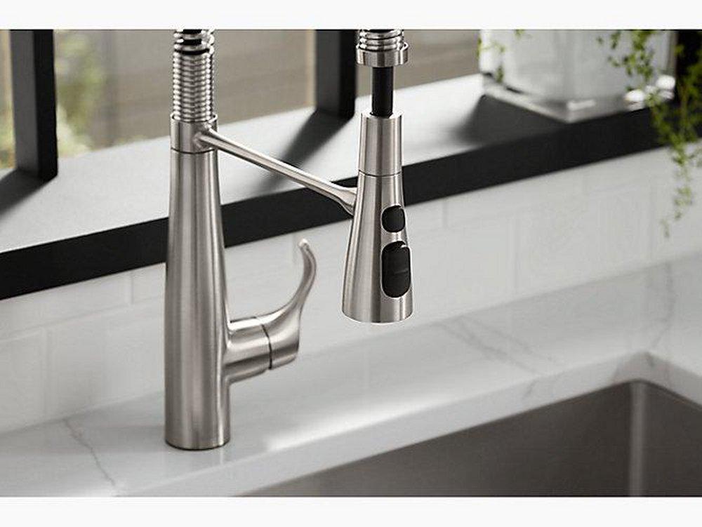 KOHLER Vibrant Brushed Moderne Brass Single Handle Pull Down Semi-Professional Kitchen Faucet with Three-Function Spray, Magnetic Docking and MasterClean Technology 