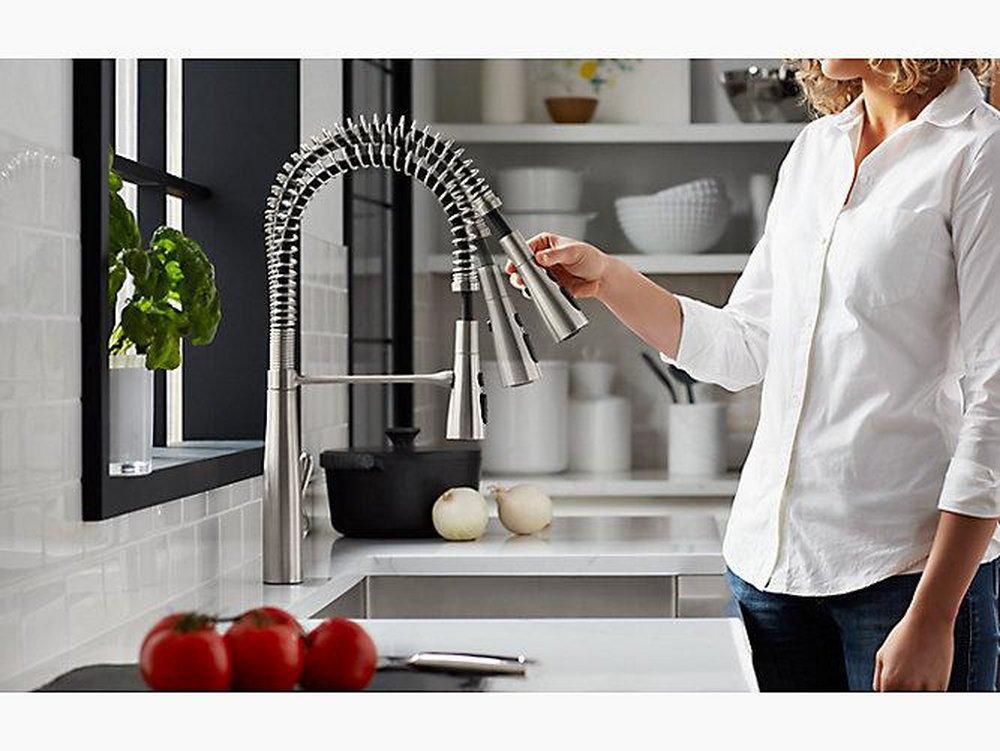 KOHLER Vibrant Brushed Moderne Brass Single Handle Pull Down Semi-Professional Kitchen Faucet with Three-Function Spray, Magnetic Docking and MasterClean Technology 