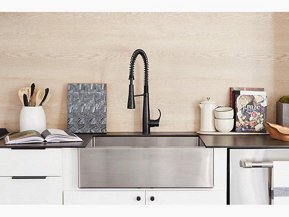 KOHLER Vibrant&reg; Brushed Moderne Brass Single Handle Pull Down Semi-Professional Kitchen Faucet with Three-Function Spray, Magnetic Docking and MasterClean Technology 