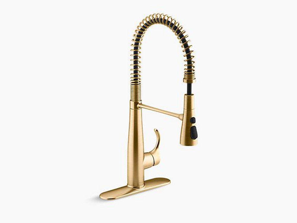 KOHLER Vibrant&reg; Brushed Moderne Brass Single Handle Pull Down Semi-Professional Kitchen Faucet with Three-Function Spray, Magnetic Docking and MasterClean Technology 