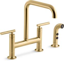 Two Handle Bridge Kitchen Faucet in Vibrant Brushed Moderne Brass
