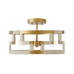60W 3-Light Candelabra E-12 Incandescent Semi-Flush Mount Ceiling Fixture in Bleached Natural Jute with Patinaed Brass
