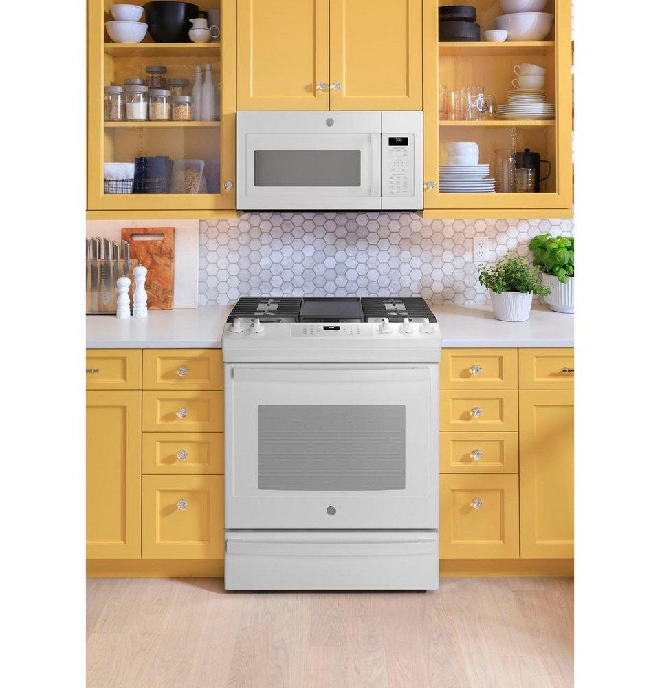 GE® White 36-1/4 x 30 in. 5.6 cu. ft. 57500 BTU 5-Burner Electric Sealed Slide-In Range 