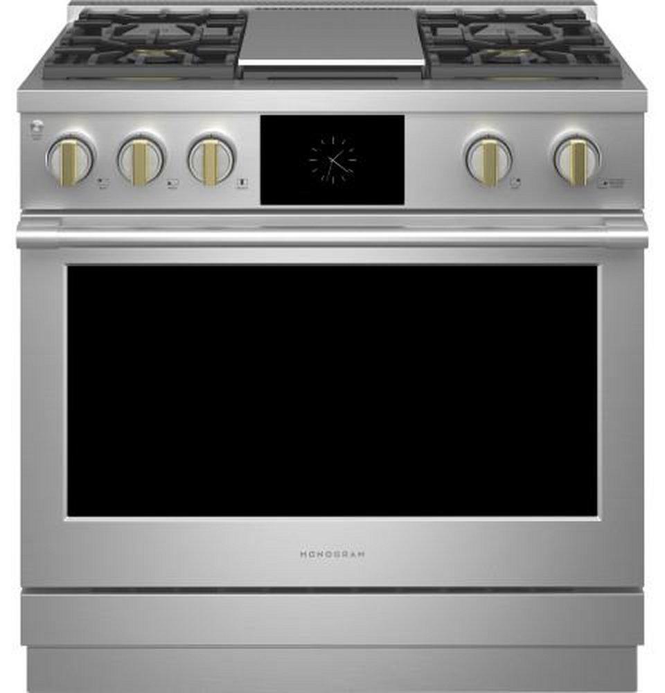 Monogram&reg; Stainless Steel 35-1/4 x 35-7/8 x 28-1/2 in. 23000 BTU 5.75 cu. ft. 4-Burner Sealed Dual Fuel Freestanding Range 