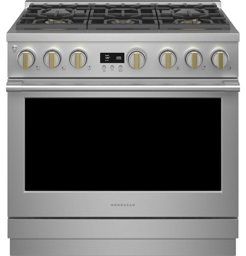 Monogram&reg; Stainless Steel 35-1/4 x 35-7/8 x 28-1/2 in. 23000 BTU 5.75 cu. ft. 6-Burner Sealed Dual Fuel Freestanding Range 