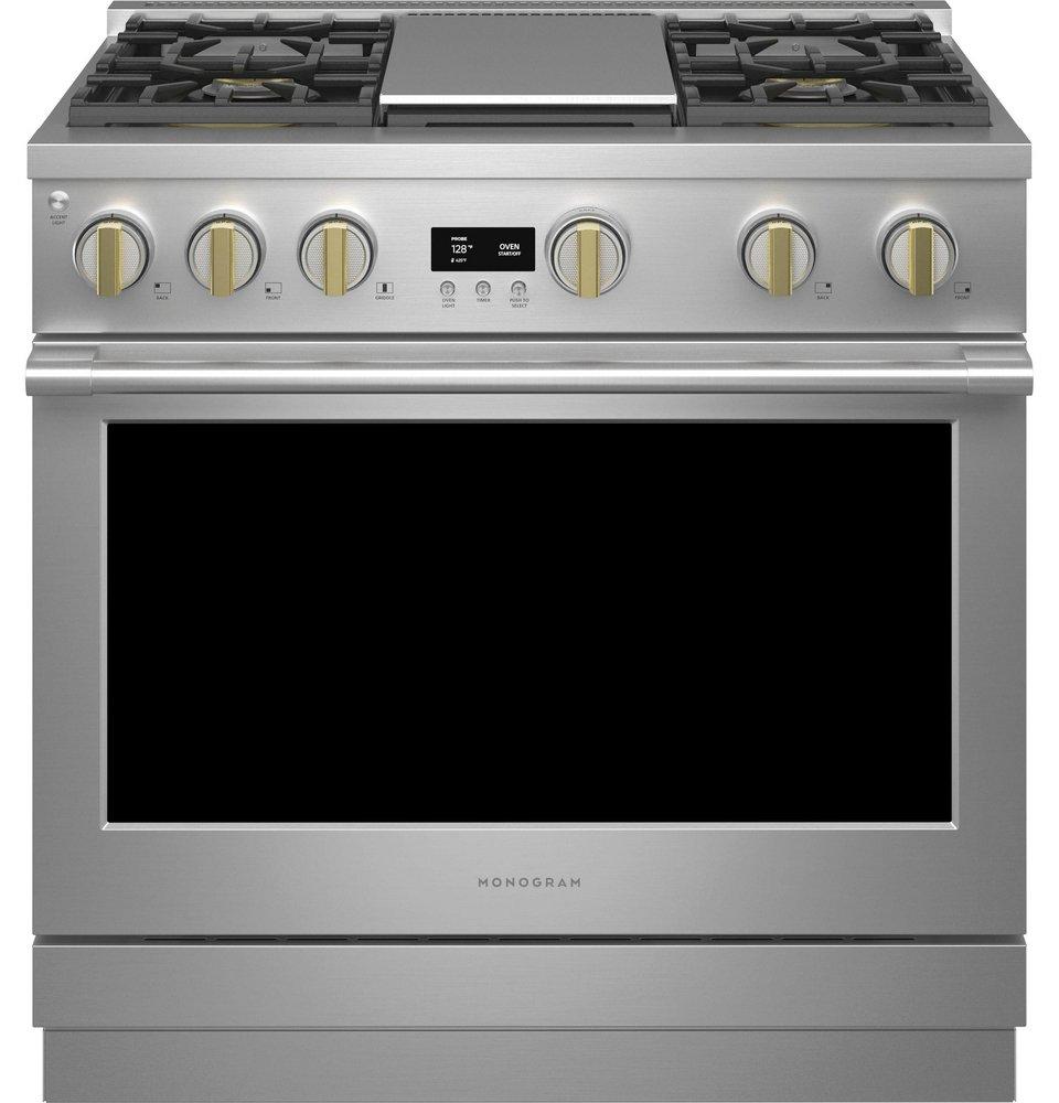 Monogram&reg; Stainless Steel 35-7/8 x 35-1/4 in. 23000 BTU 6.2 cu. ft. 4-Burner Sealed Gas Freestanding Range 