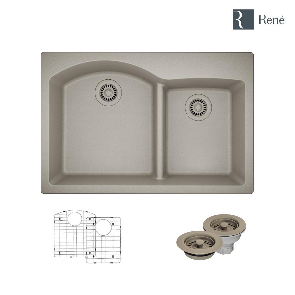 Rene Sinks Concrete 33 x 22 in. 1 Hole Quartz 2 Bowl Drop-in Kitchen Sink 