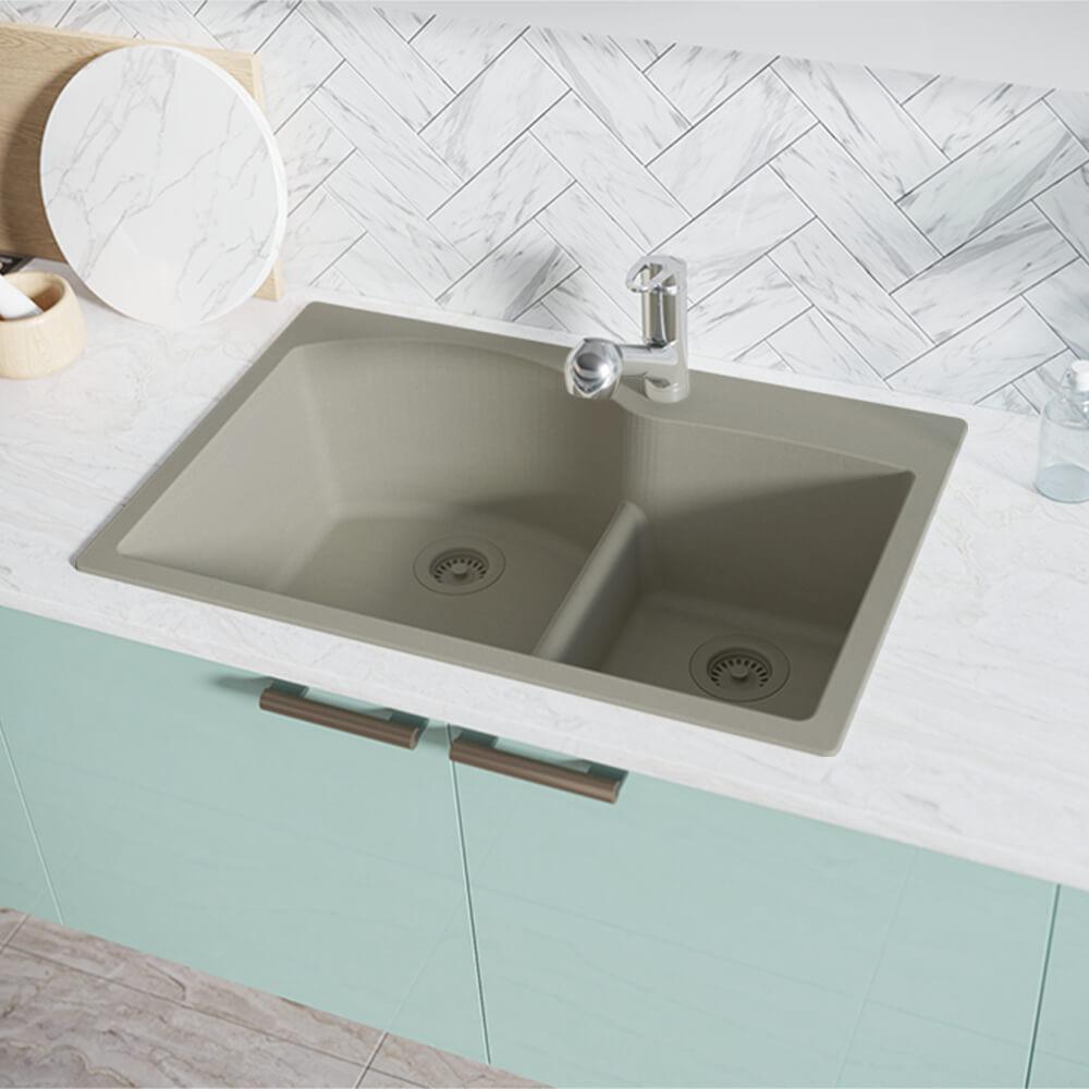 Rene Sinks Concrete 33 x 22 in. 1 Hole Quartz 2 Bowl Drop-in Kitchen Sink 