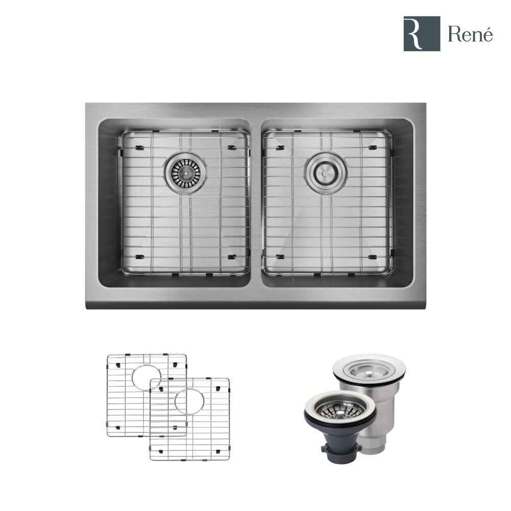 Rene Sinks 32-3/4 x 20 in. No Hole 2 Bowl Farmhouse Kitchen Sink 