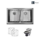 Rene Sinks 32-3/4 x 20 in. No Hole 2 Bowl Farmhouse Kitchen Sink 