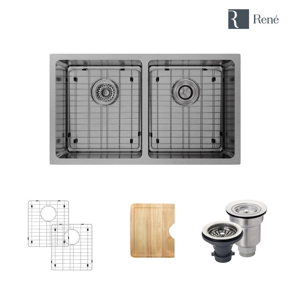 Rene Sinks Brushed Satin 31 x 18-1/8 in. No Hole Stainless Steel 2 Bowl Undermount Kitchen Sink 