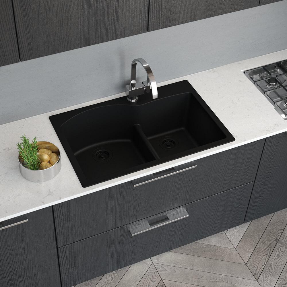 Rene Sinks Carbon 33 x 22 in. 1 Hole Quartz 2 Bowl Drop-in Kitchen Sink 