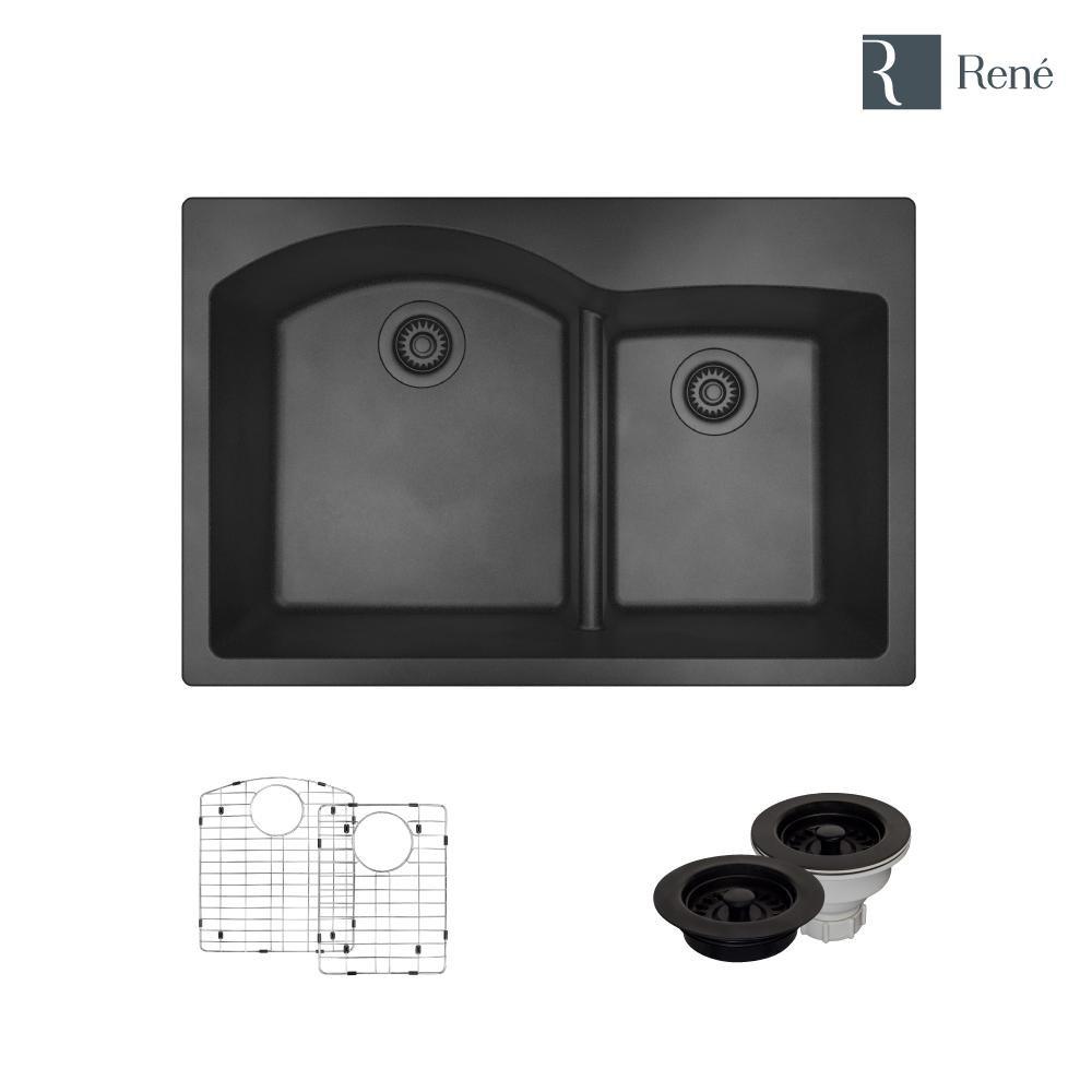 Rene Sinks Carbon 33 x 22 in. 1 Hole Quartz 2 Bowl Drop-in Kitchen Sink 